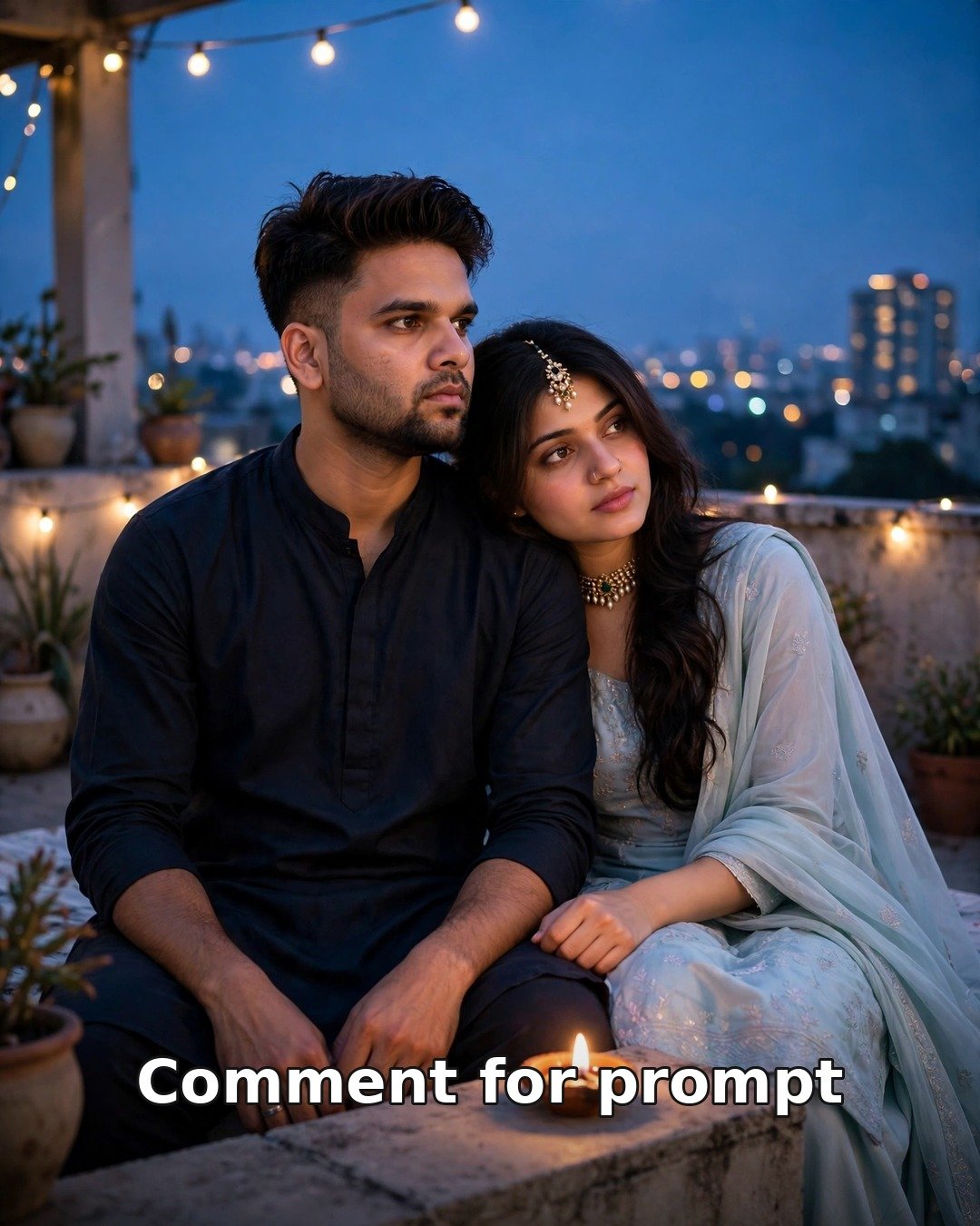 AI couple quiet evening longing photo — woman resting her head near the man's shoulder on a rooftop at dusk with a glowing diya lamp