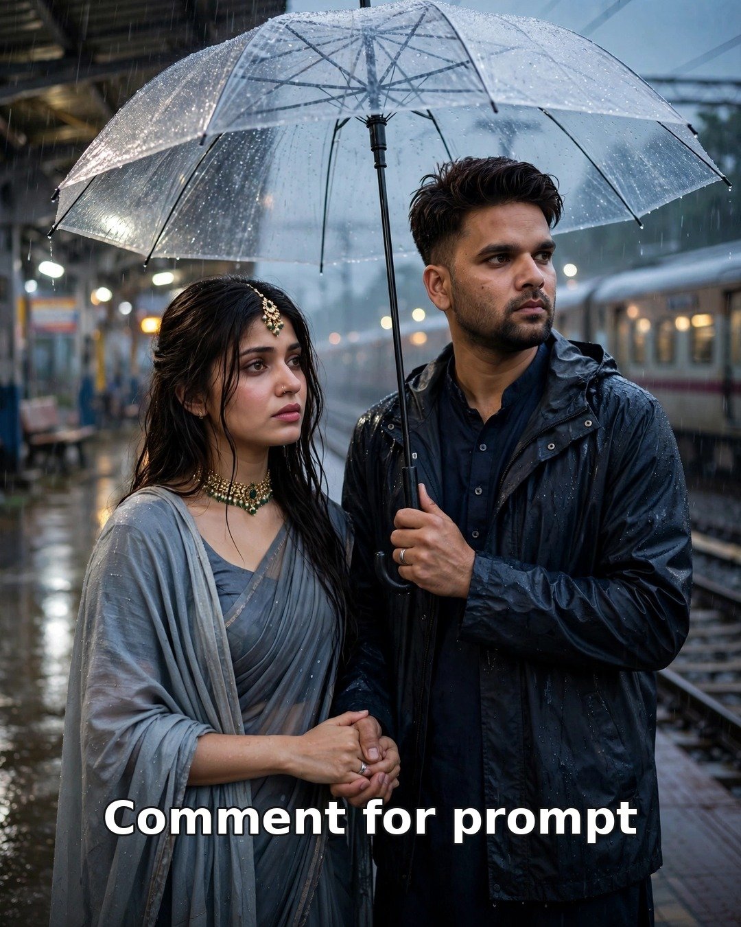 AI couple rainy farewell photo — man in navy rain jacket holding a transparent umbrella beside a woman in a grey-blue saree on a wet railway platform