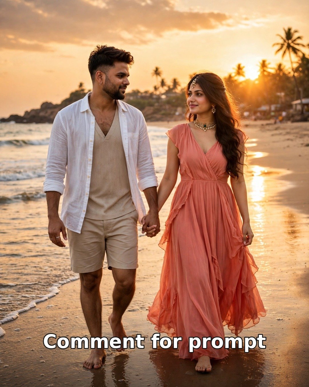 AI couple sunset beach walk photo — man in white shirt and beige shorts and woman in coral maxi dress walking barefoot on a Goa beach at sunset