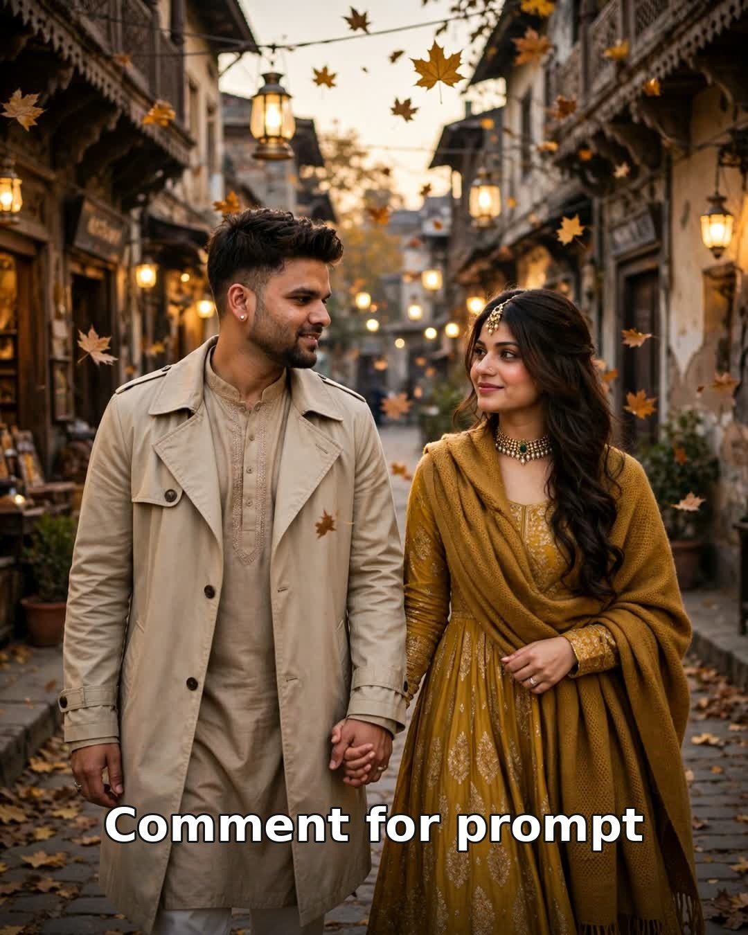 AI couple autumn heritage walk photo — man in beige trench coat over kurta and woman in mustard anarkali walking a lamp-lit old city lane in falling leaves
