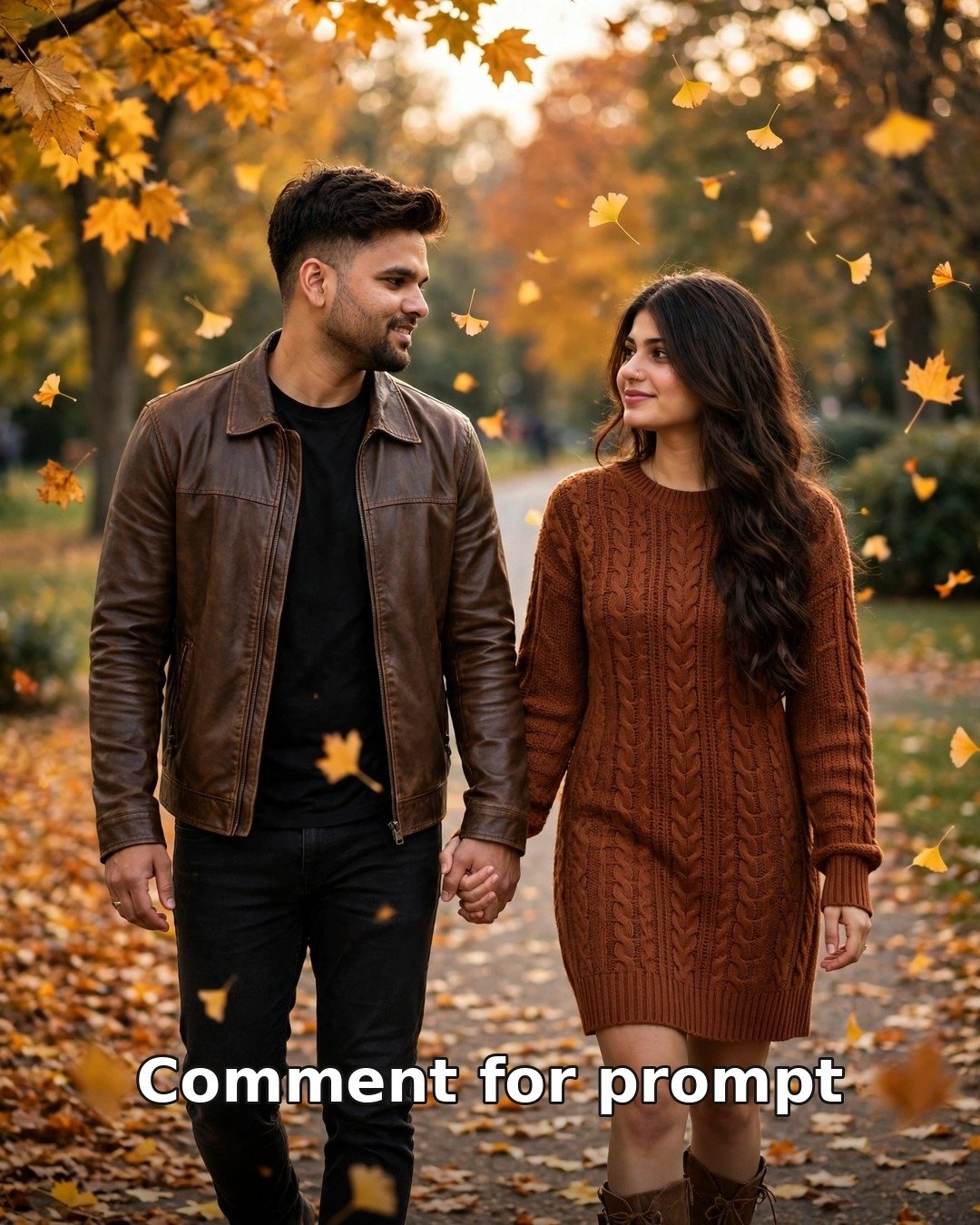 AI couple autumn park stroll photo — man in brown leather jacket with black jeans and woman in rust knit dress with boots under falling autumn leaves