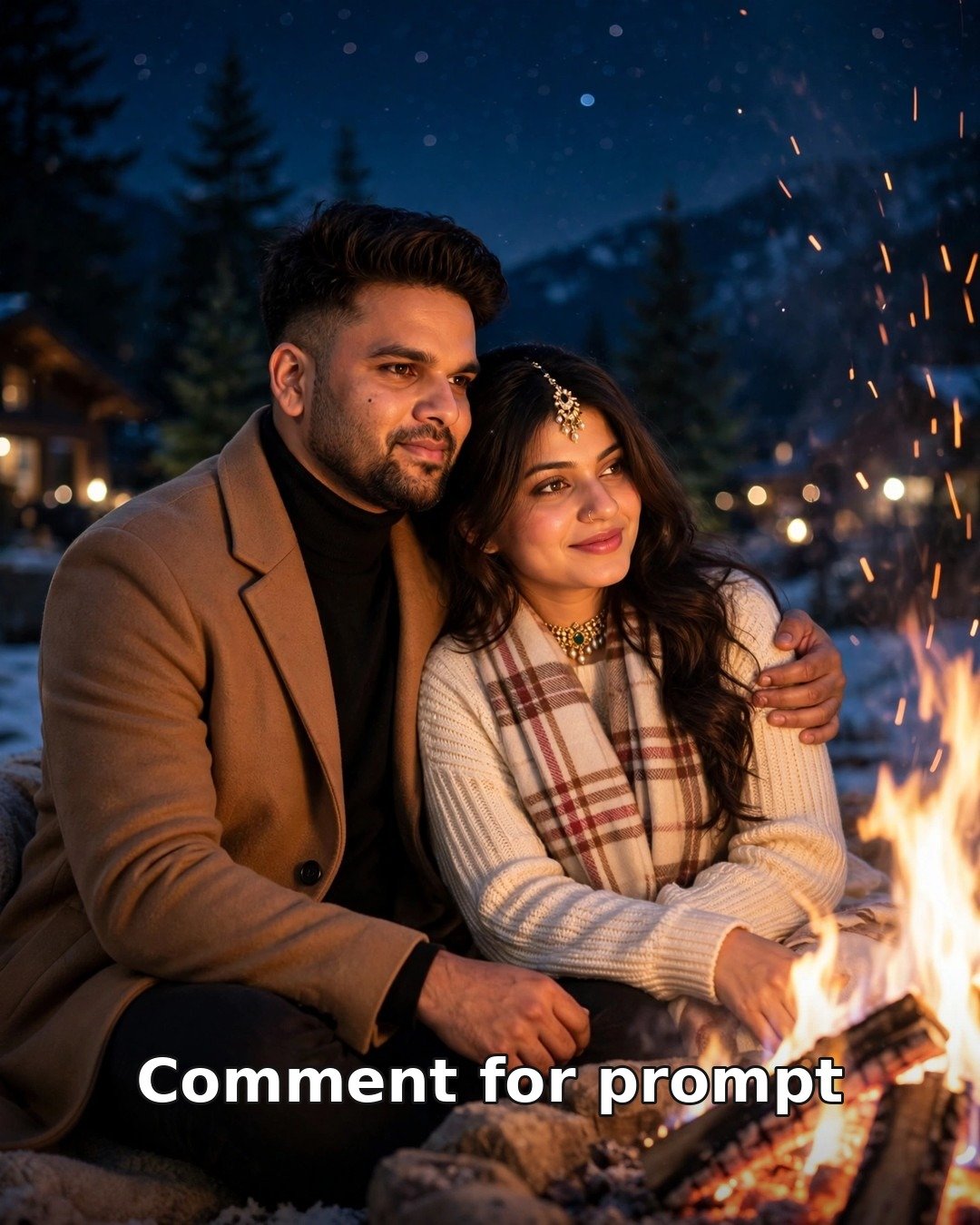 AI couple winter bonfire night photo — man in camel overcoat with black turtleneck and woman in cream knit sweater with plaid scarf by a mountain bonfire