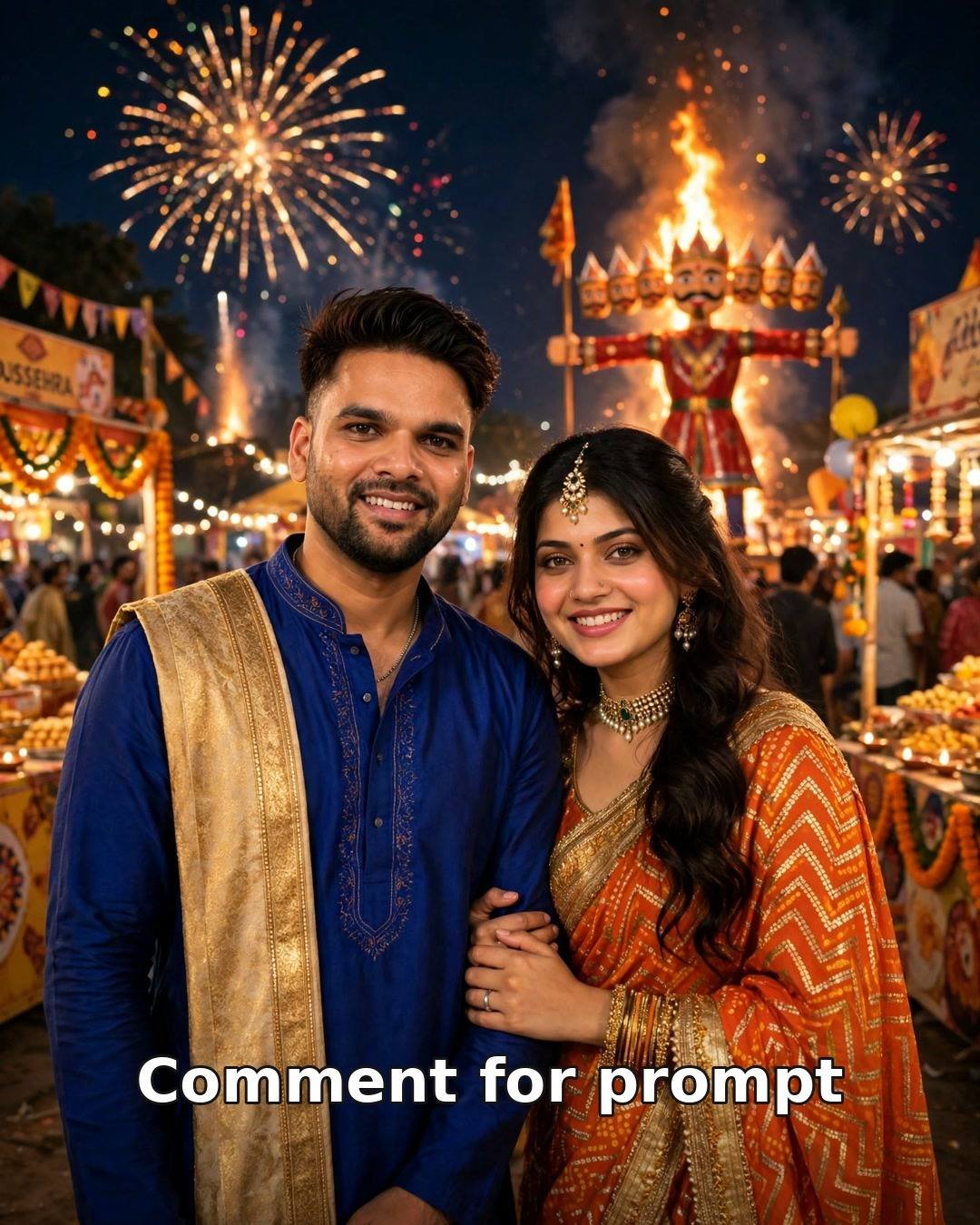 AI couple Dussehra Ravana Dahan photo — man in royal blue kurta with golden stole and woman in orange gold leheriya saree at a night fairground