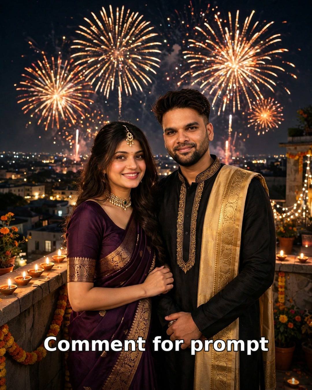 AI couple Dussehra fireworks night photo — man in black kurta with golden stole and woman in deep purple silk saree with gold border on a rooftop terrace