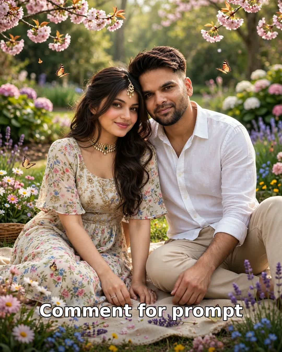 AI couple garden picnic photo — man in white shirt and beige chinos and woman in floral midi dress sitting on a picnic blanket among spring flowers