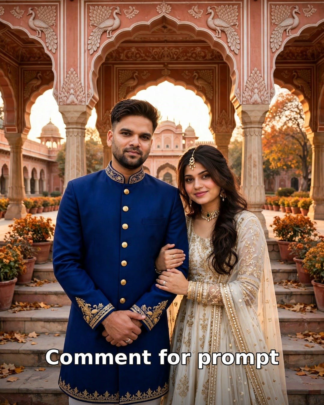 AI couple royal palace shoot photo — man in royal blue achkan with gold buttons and woman in ivory and gold anarkali on Jaipur palace steps
