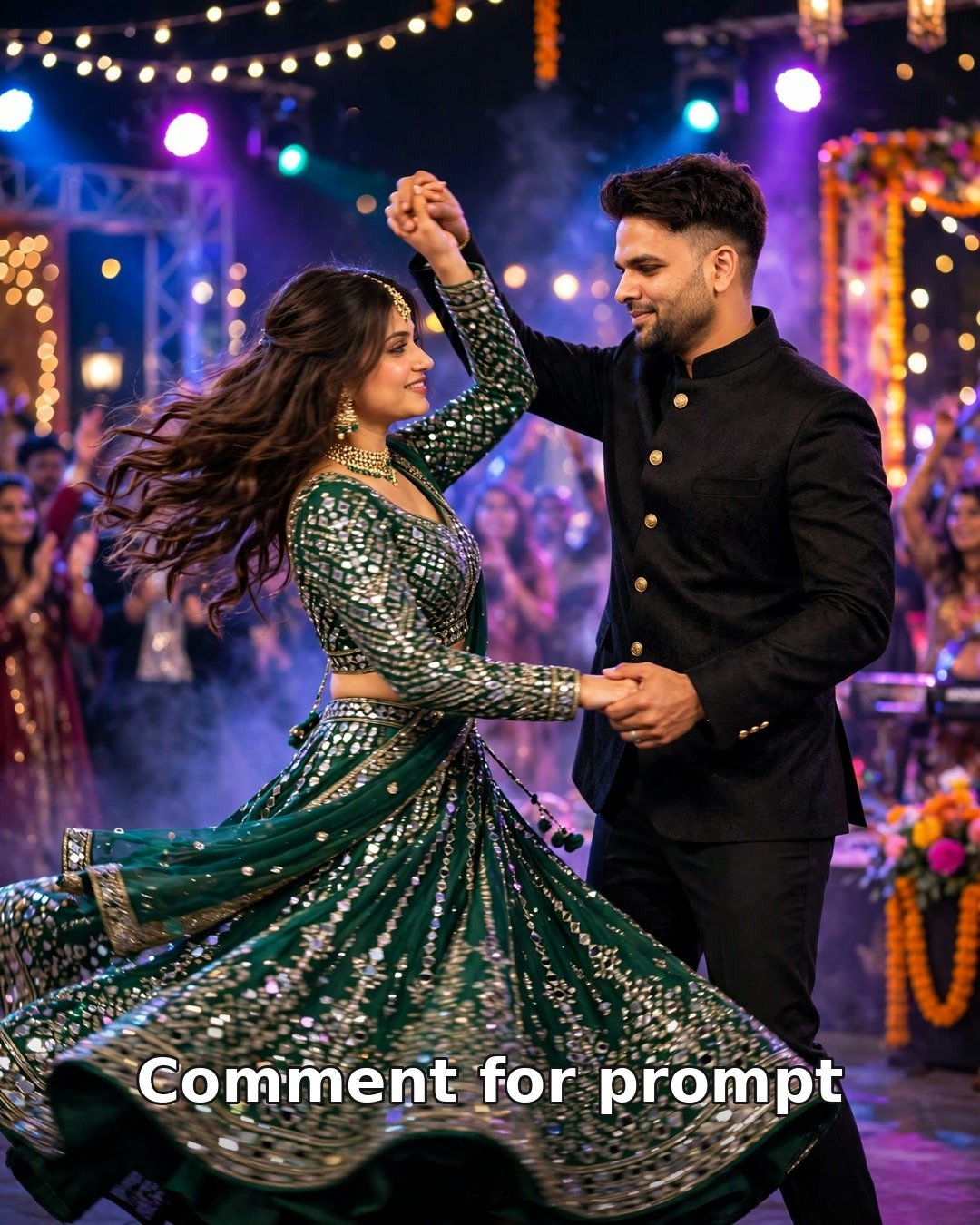 AI couple sangeet dance night photo — man in black bandhgala spinning a woman in emerald green mirror-work lehenga on a lit sangeet stage