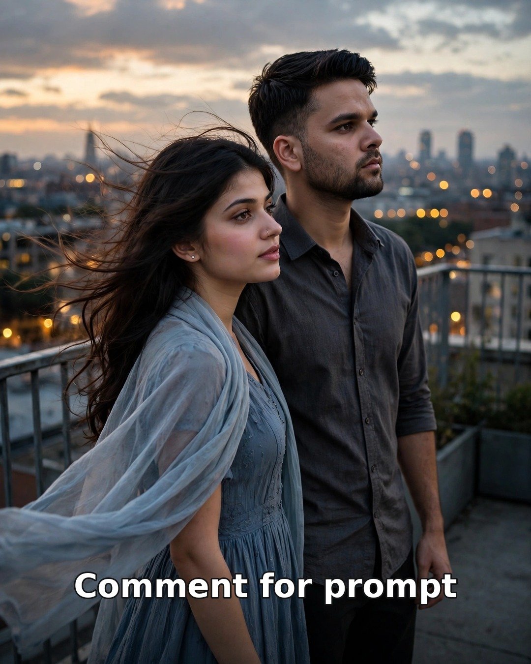 AI sad couple photo at dusk — man in charcoal shirt and woman in dusty-blue dress on a quiet city rooftop