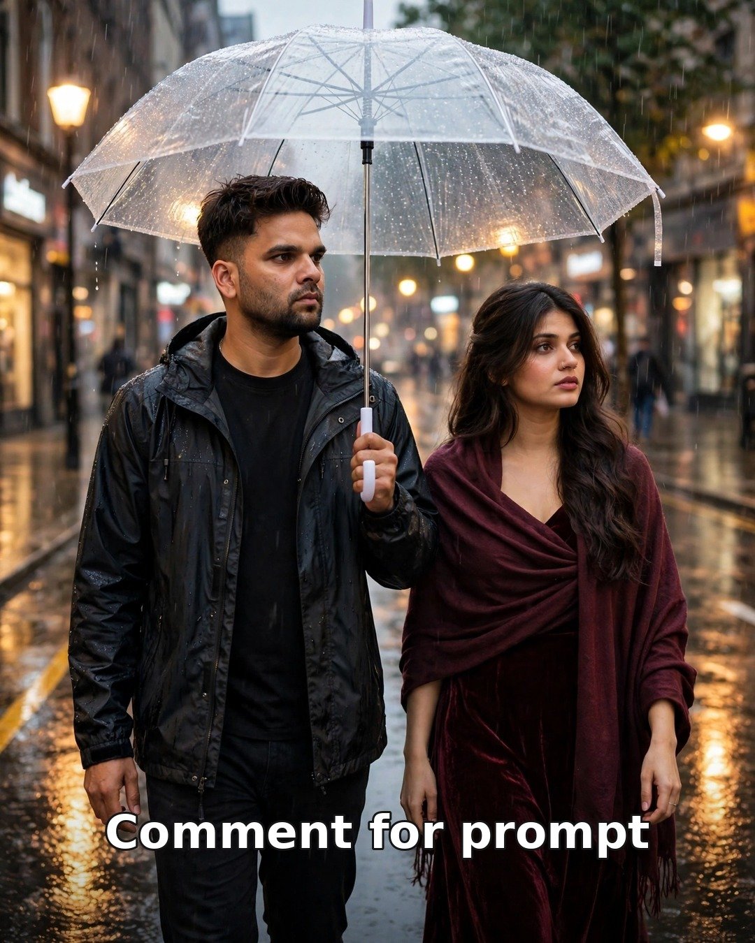 AI sad couple photo in rain — man in black rain jacket and woman in maroon dress under a clear umbrella on a wet street