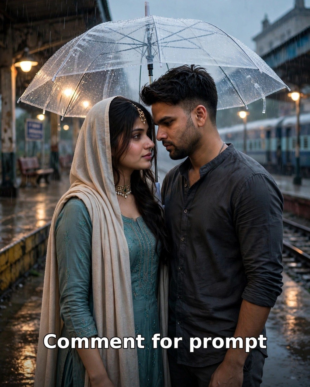 AI sad couple photo in rain — man in dark grey shirt and woman in teal salwar suit sharing a transparent umbrella on a wet railway platform
