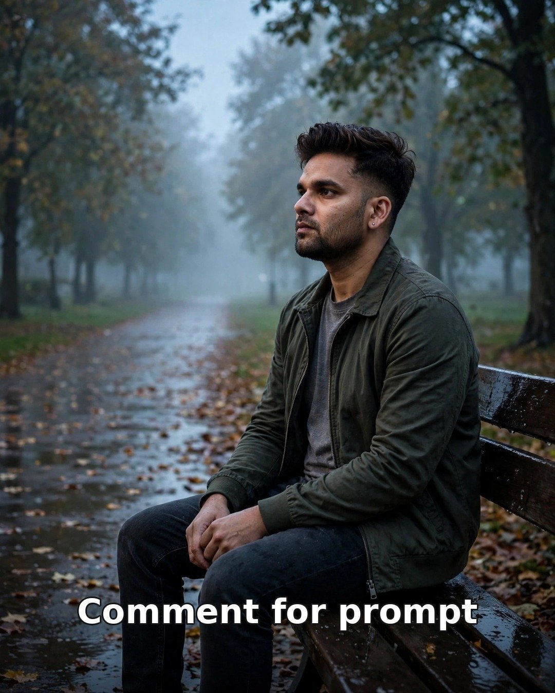 AI sad solo photo — man in olive jacket sitting alone on a wet park bench on a misty leaf-covered path at dusk