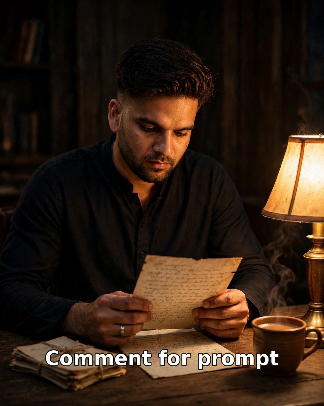 AI sad solo photo — man in dark kurta reading a faded handwritten letter at a wooden desk in warm lamplight