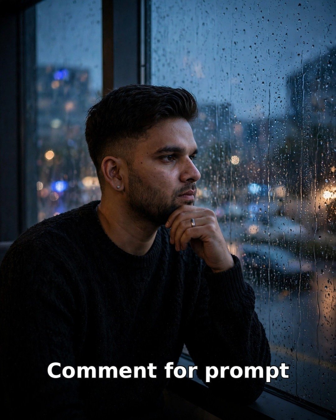 AI sad solo photo — man in dark sweater beside a rain-streaked window at dusk, blurred city lights outside