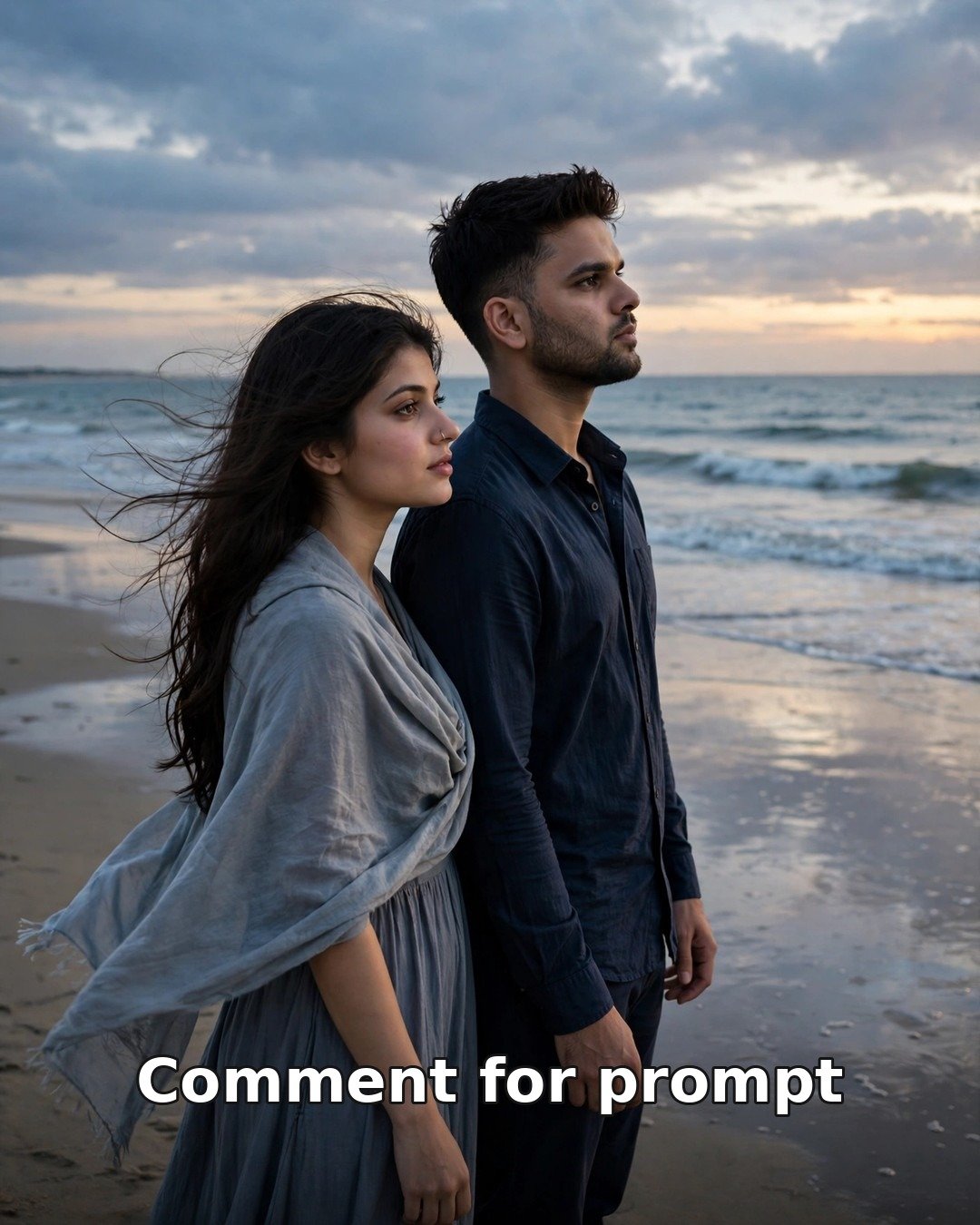 AI sad couple photo at dusk — man in navy shirt and woman in grey-blue dress with a light shawl on an empty beach
