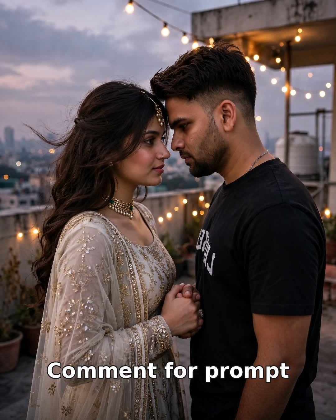 AI sad couple photo — couple holding hands with foreheads touching on a rooftop terrace at dusk under warm string lights