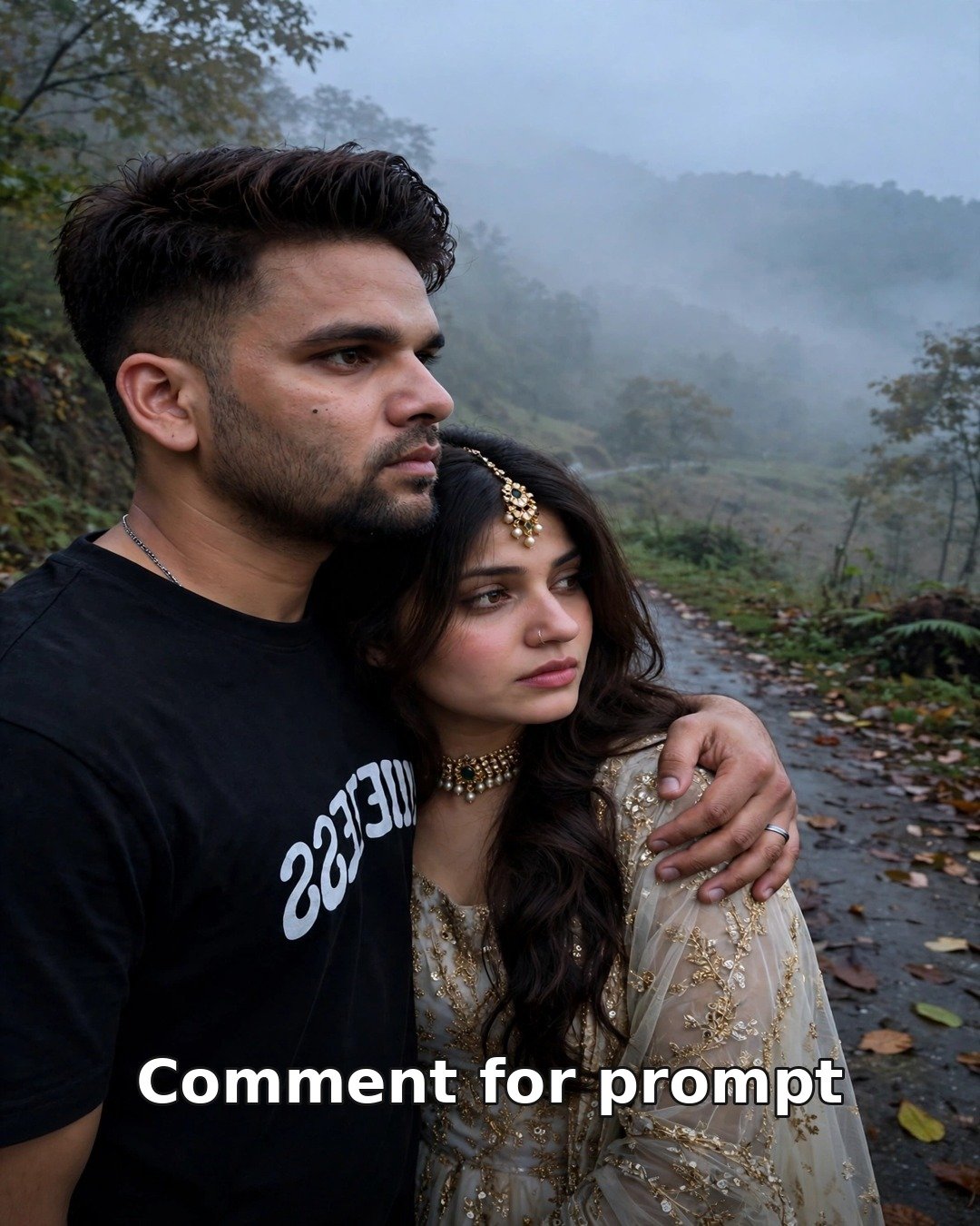 AI sad couple photo — couple embracing on a misty hillside road at dusk, fog and wet leaves, wistful expressions