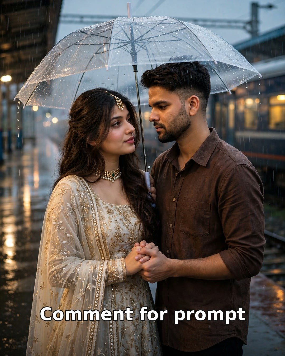 AI sad couple photo — couple under a transparent umbrella on a rainy railway platform at dusk, holding hands tenderly