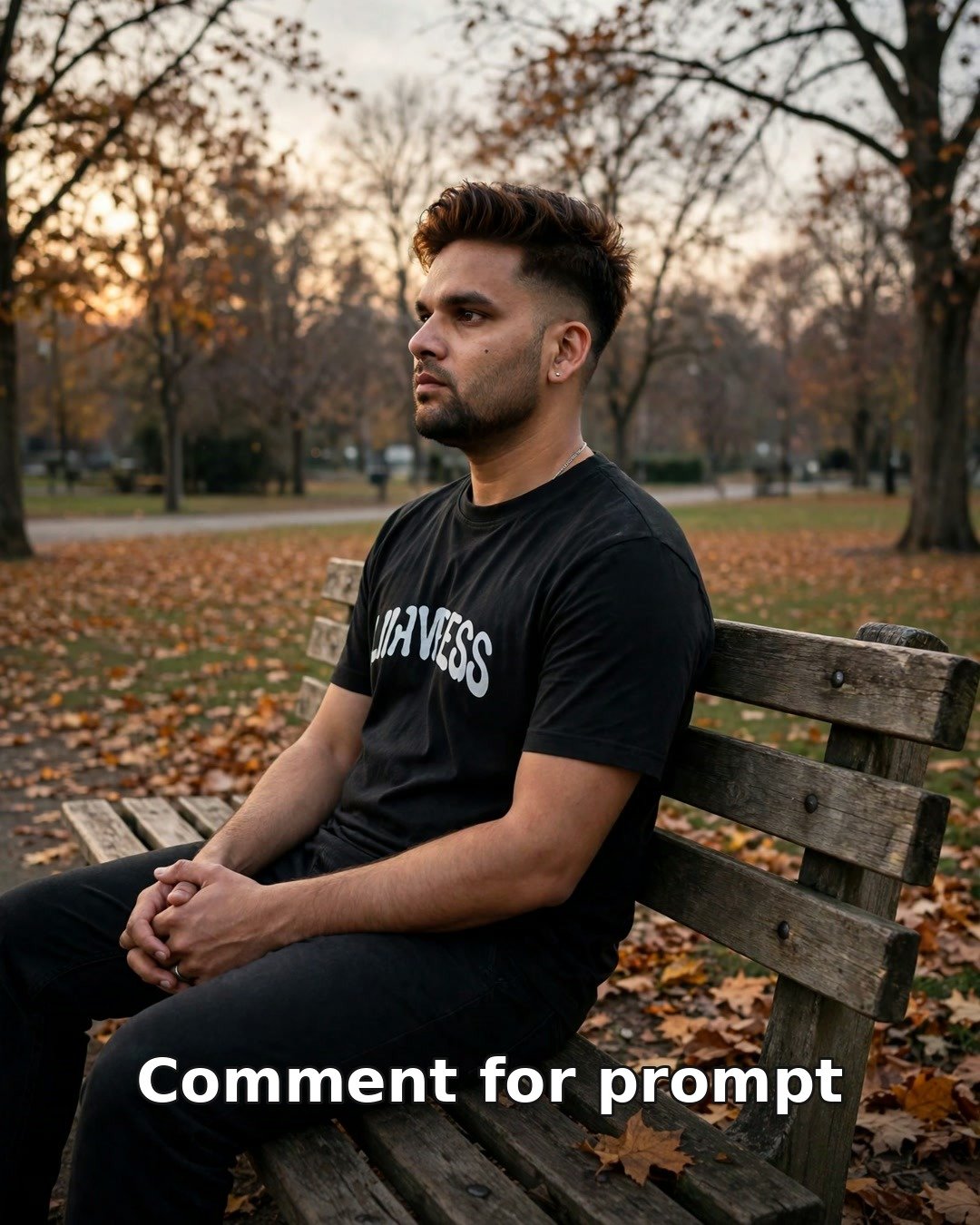 AI sad solo photo — man alone on an empty wooden park bench at dusk among autumn leaves, wistful gaze into the distance
