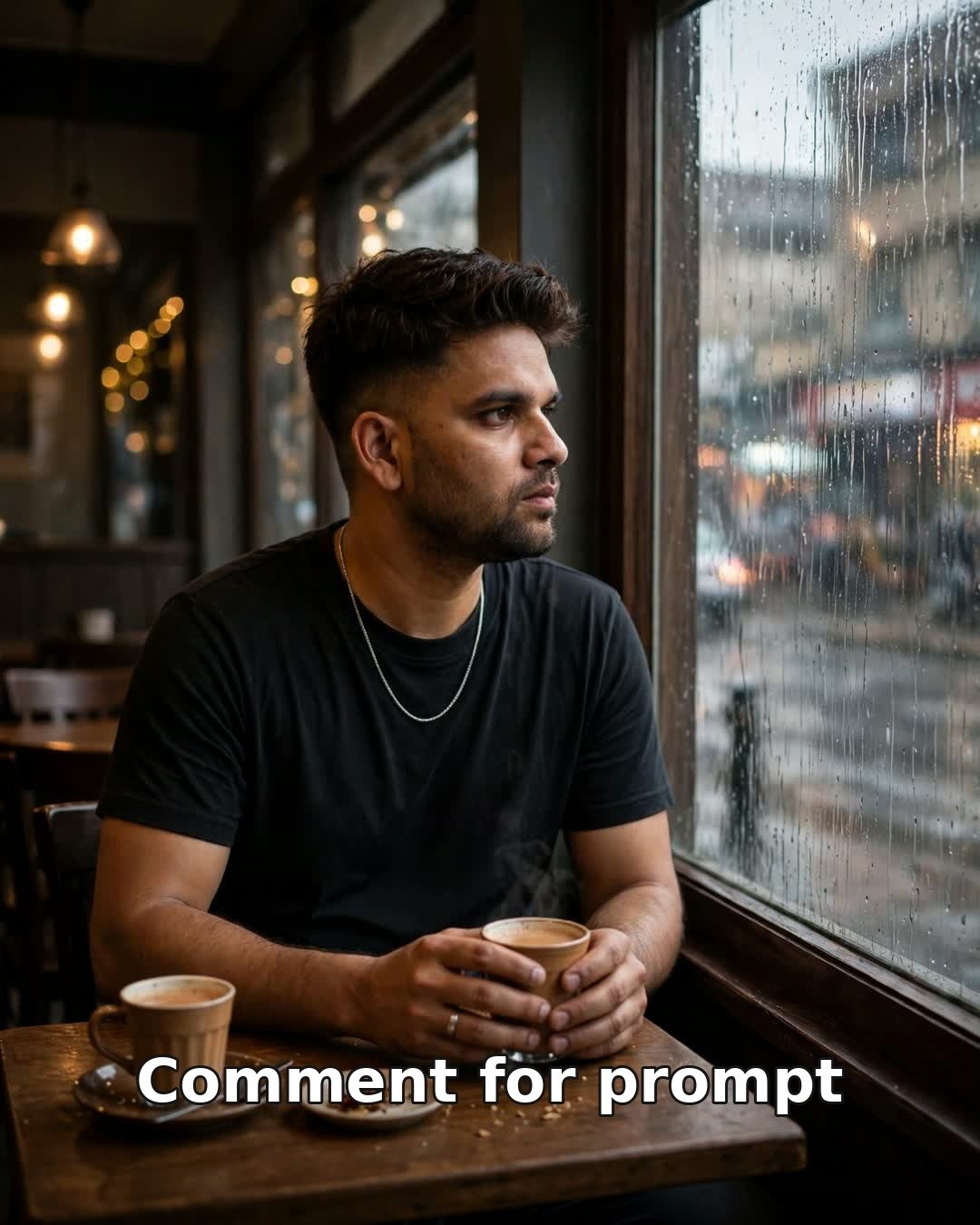 AI sad solo photo — man alone at a café table by a rain-streaked window, two cups of chai, one untouched