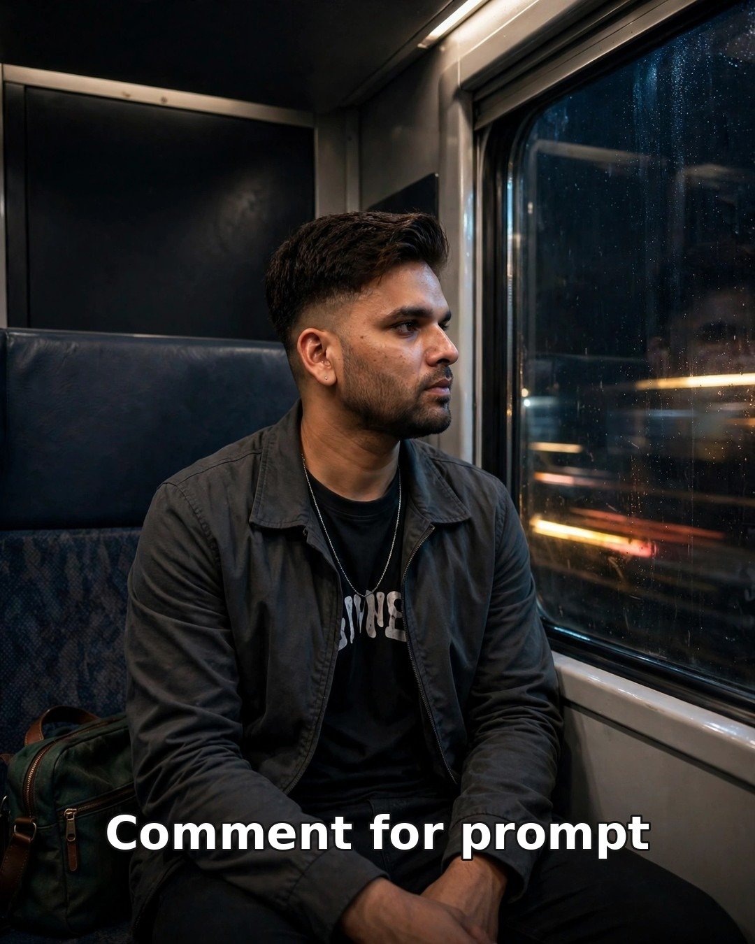 AI sad solo photo — man in grey jacket beside a night train window, gazing at blurred passing lights in the dark