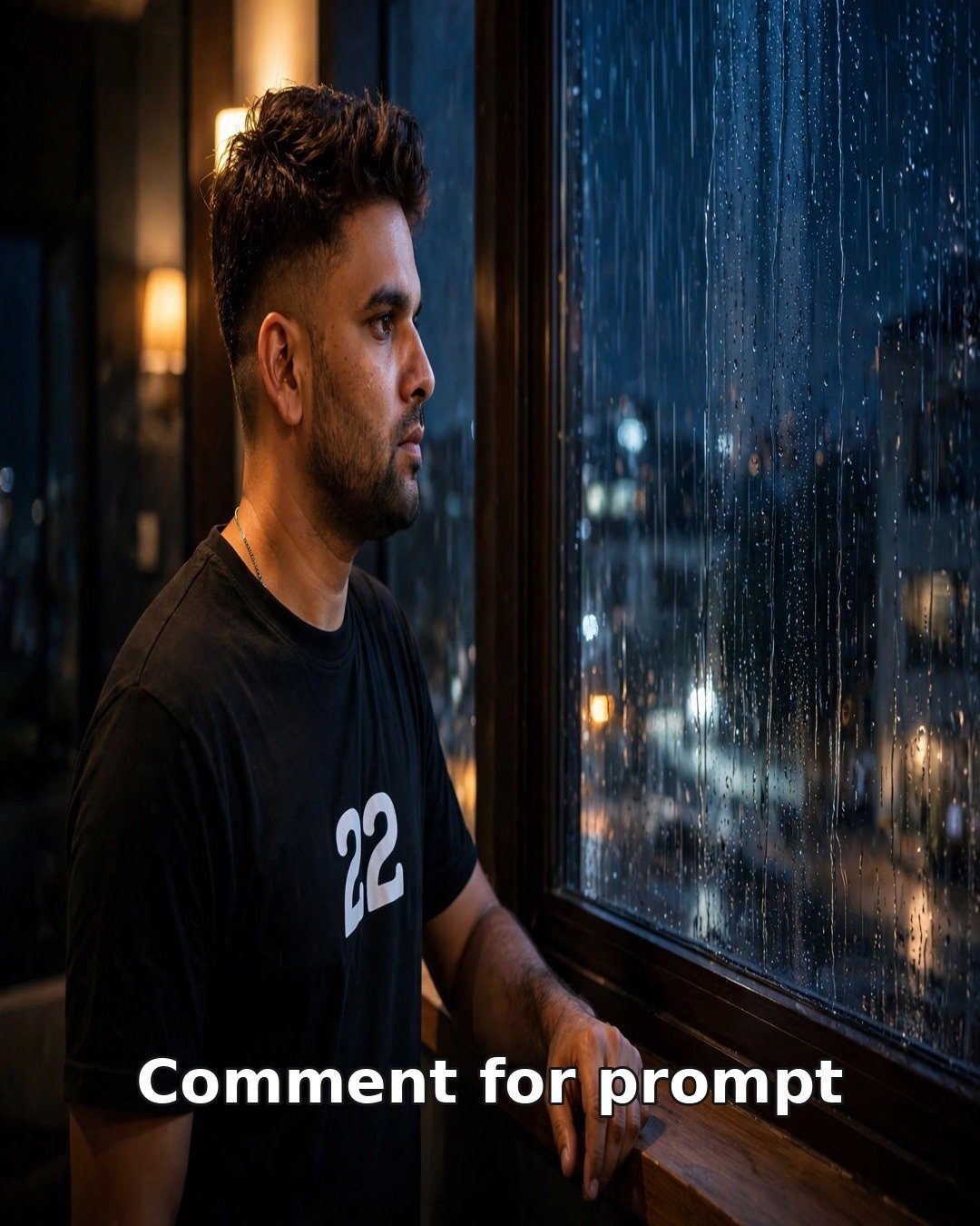 AI sad solo photo — man alone beside a rain-streaked window at night, city lights blurred, wistful expression