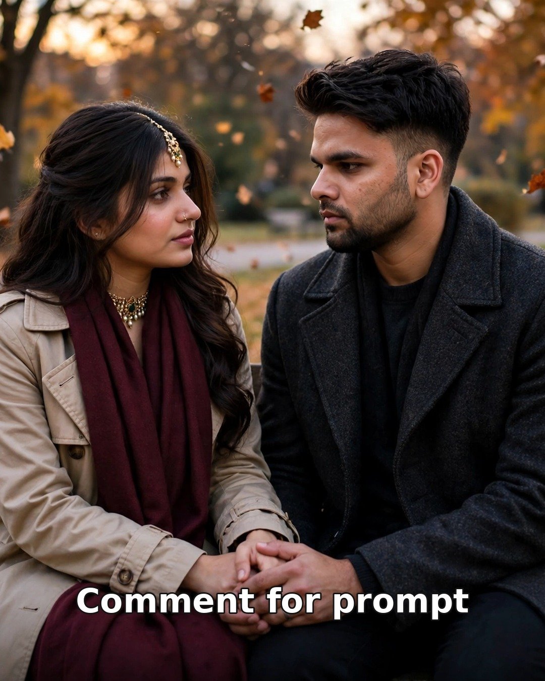 Sad AI couple photo sitting close on a park bench in autumn, holding hands among falling leaves at dusk