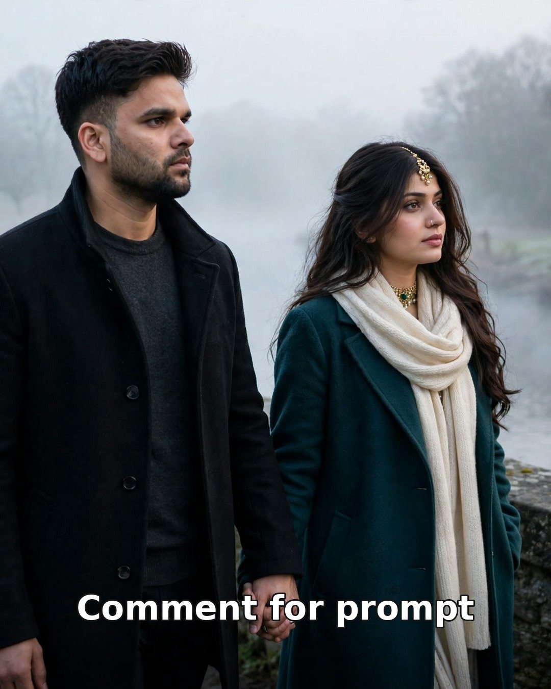 Sad AI couple photo walking hand in hand across a misty stone bridge at dawn over a quiet river