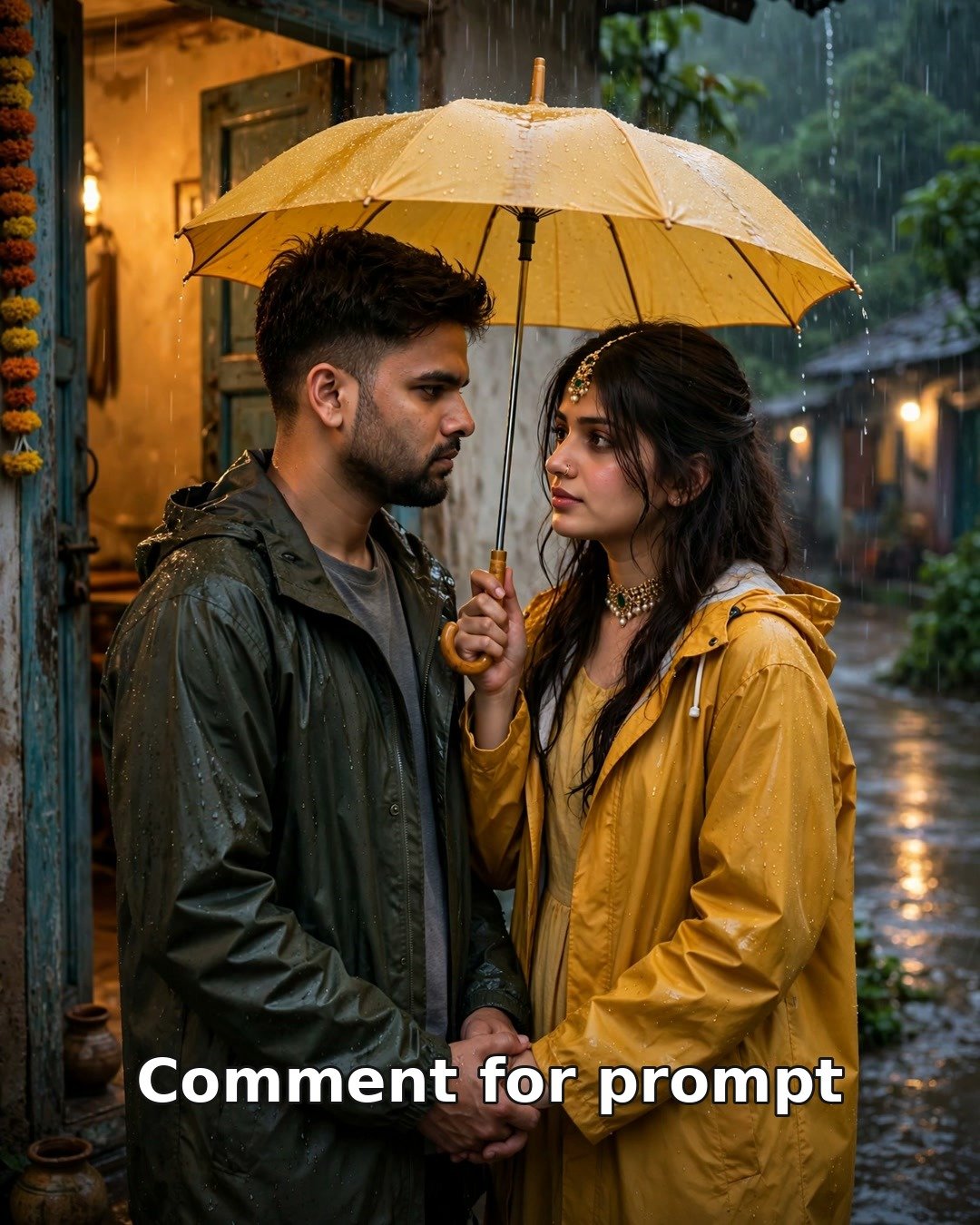 Sad AI couple photo under a yellow umbrella in monsoon rain at a house doorway, tender farewell moment