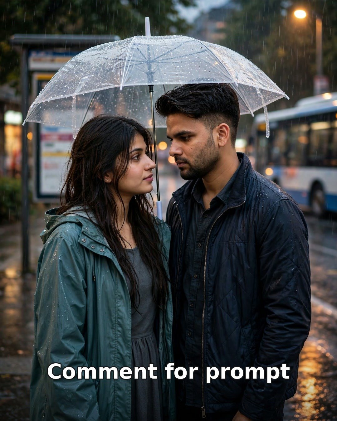 AI sad couple photo — couple under a transparent umbrella at a rainy evening bus stop, wistful expressions, bus in background