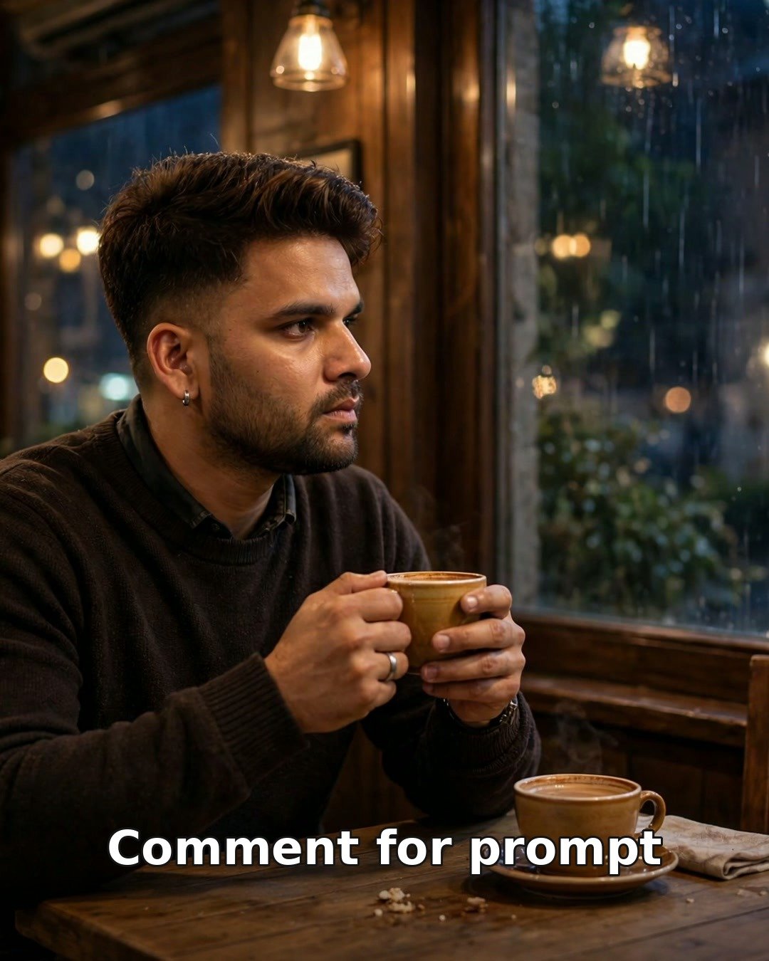 Sad AI photo of a young man alone in a night cafe with two coffee cups and an empty chair, rain on the window