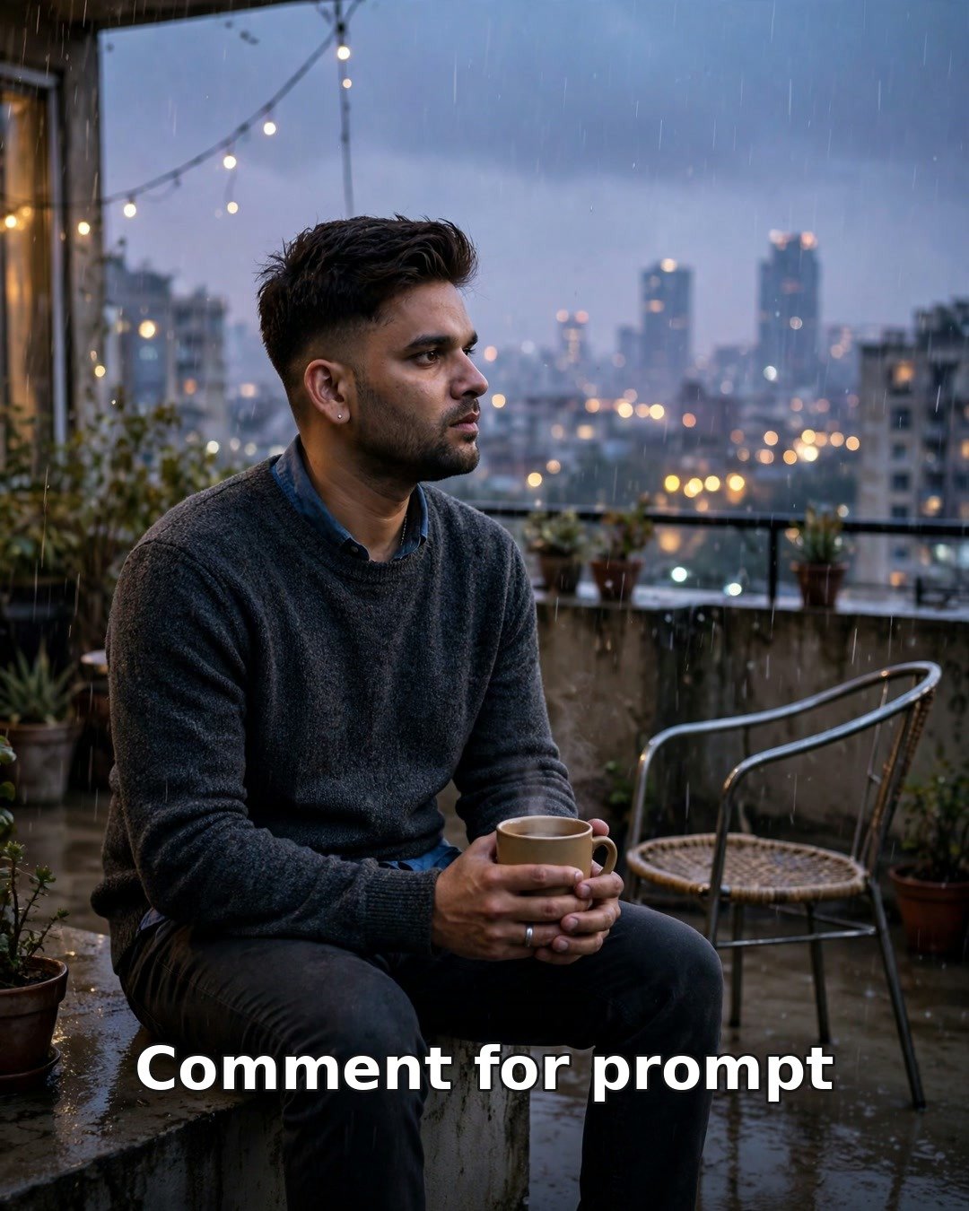 AI sad solo photo — young man alone on a rainy terrace at dusk holding a warm cup, empty chair beside him, city lights