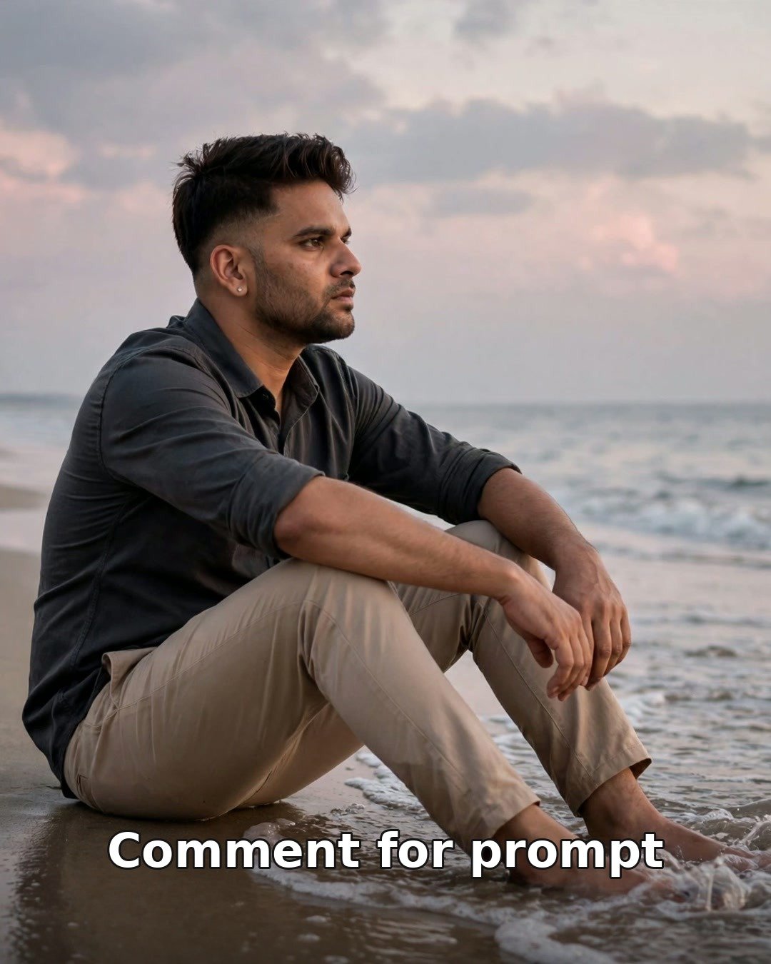 Sad AI photo of a young man alone on a seashore at dusk, sitting by gentle waves under a pink-grey sky