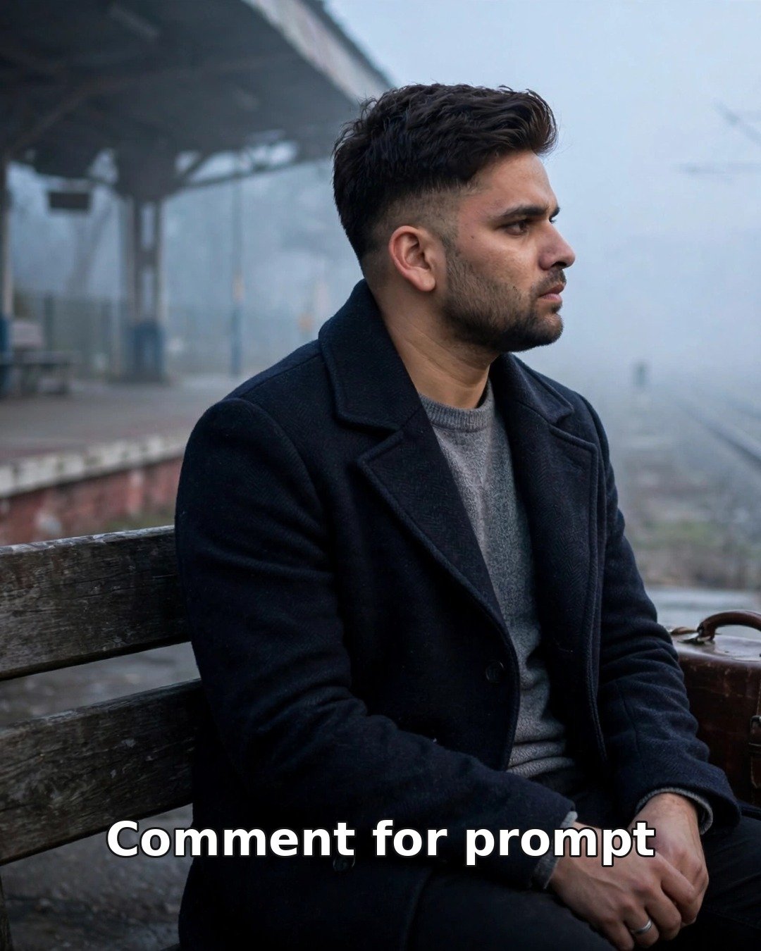 Sad AI photo of a young man alone on a misty railway station platform at dawn, a suitcase beside him