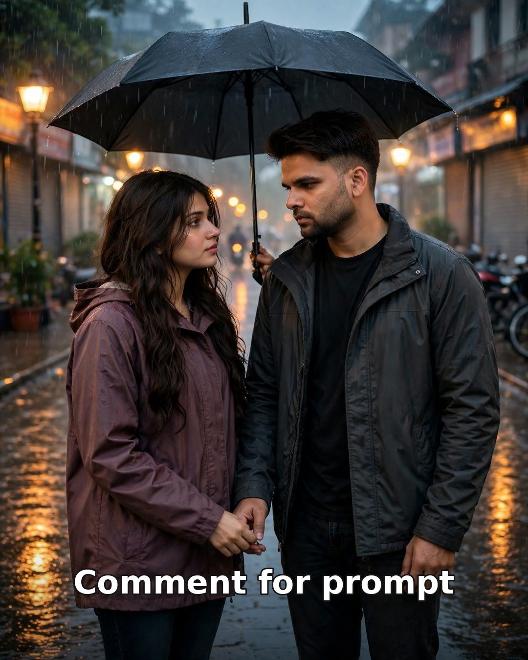 Sad AI couple photo sharing one umbrella on a rainy monsoon street at dusk, pausing before parting under warm street lamps