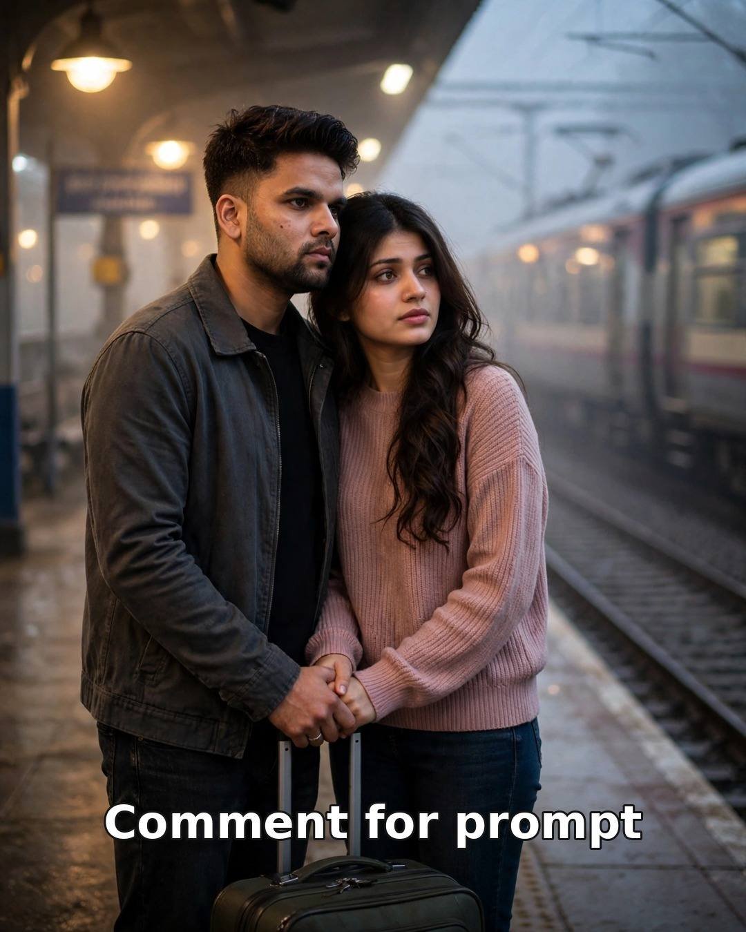 Sad AI couple photo saying goodbye on a misty railway platform at dusk, holding hands as a train pulls away