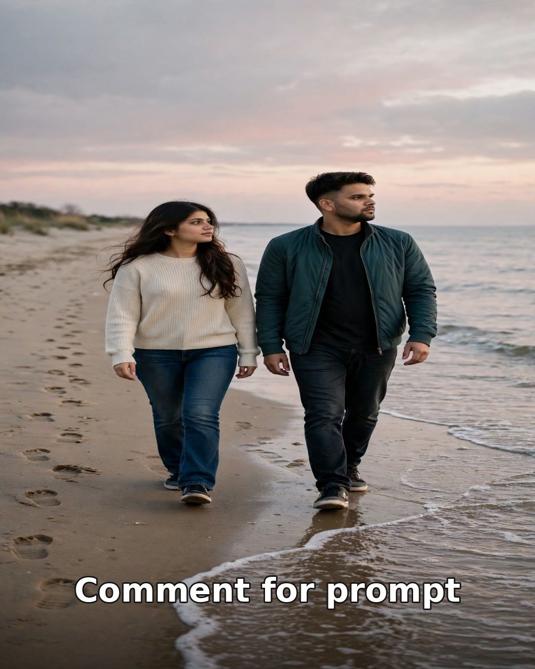 Sad AI couple photo walking slowly along a quiet seashore at dusk, footprints trailing behind them as waves wash the sand