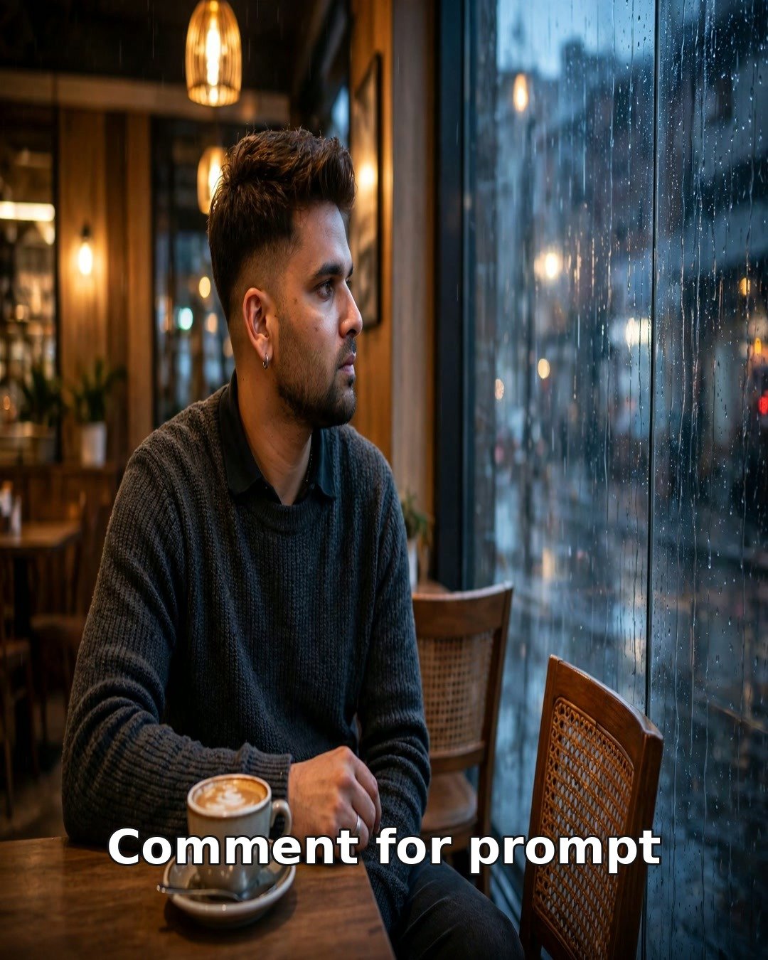 Sad AI photo of a young man alone at a café table by a rainy window, an untouched coffee and an empty chair opposite
