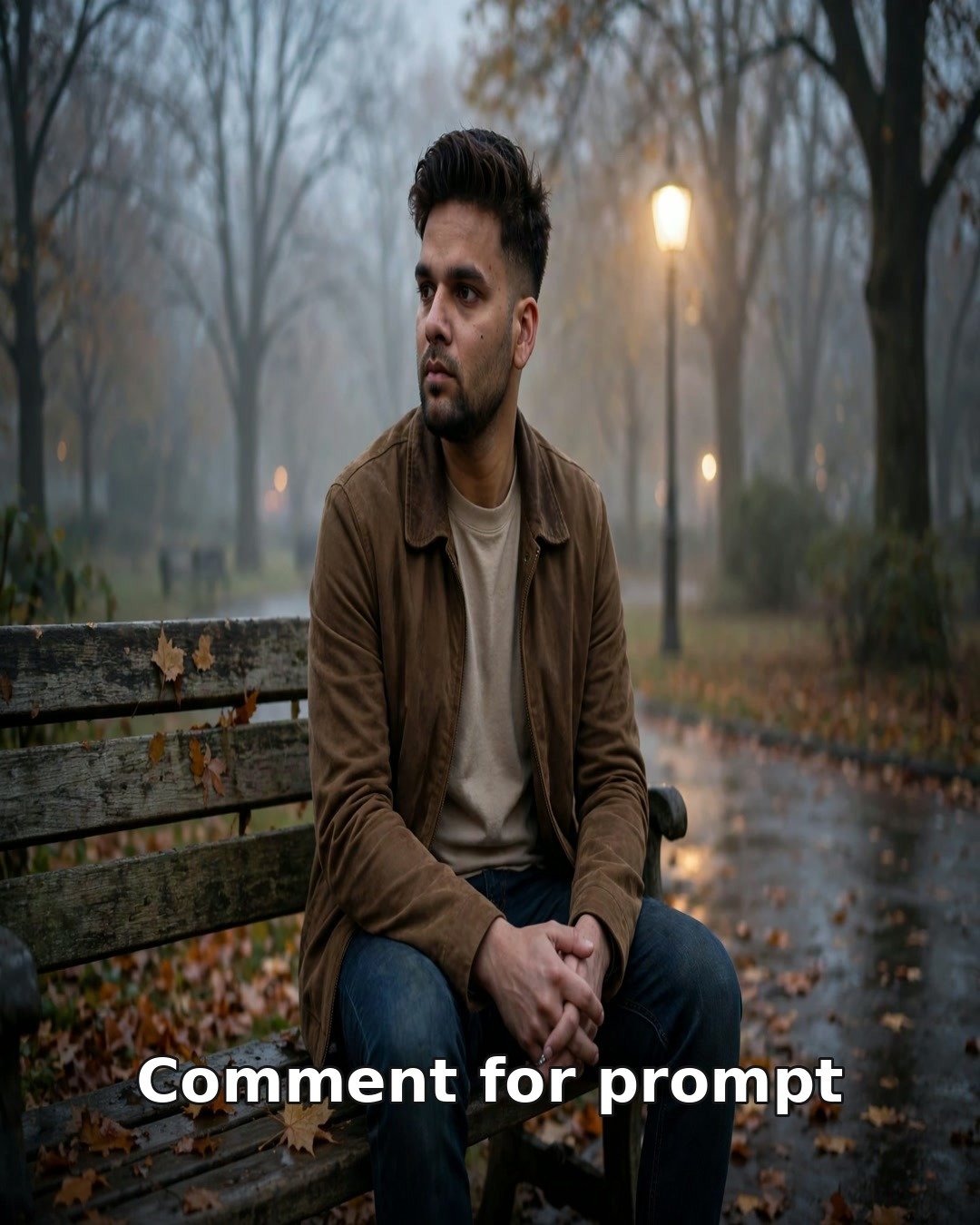 Sad AI photo of a young man alone on an old wooden park bench at dusk, autumn leaves scattered, mist and a dim lamp behind him