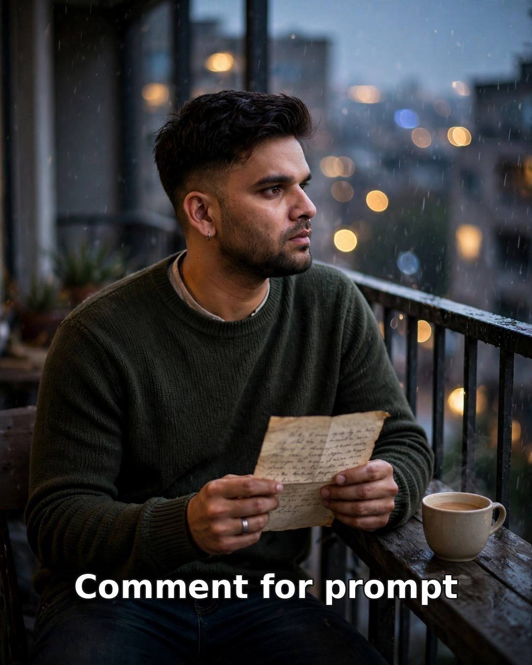 Sad AI photo of a young man alone on a rainy balcony at dusk, reading an old handwritten letter with a cup of tea