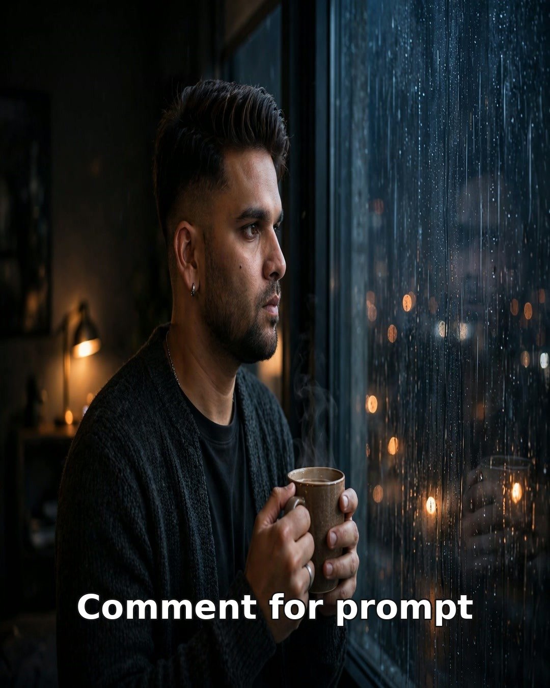 Sad AI photo of a young man alone indoors at night by a rain-streaked window, holding a warm mug, city lights blurred outside