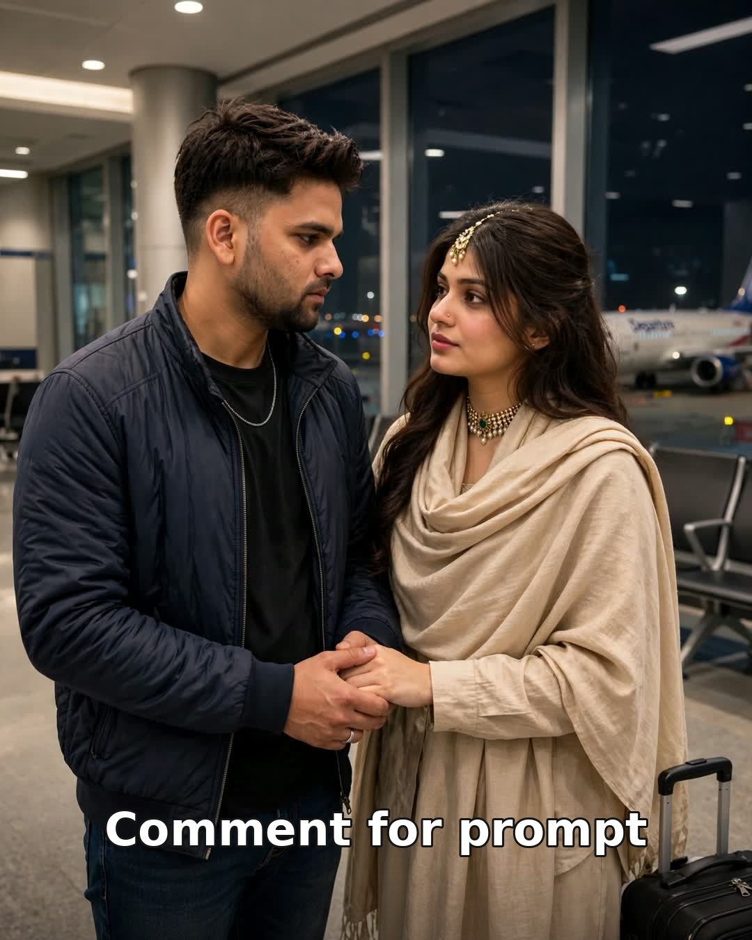 Sad AI couple photo at an airport departure gate at night, holding hands beside a suitcase with a plane beyond the windows
