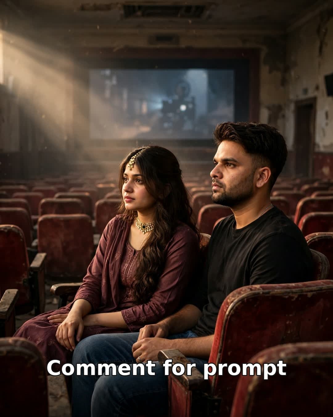 Sad AI couple photo in an old cinema hall, sitting side by side in faded red velvet seats before a farewell