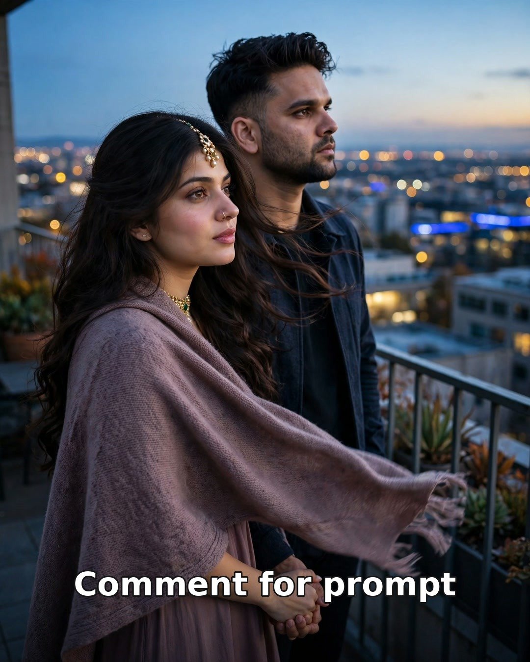 Sad AI couple photo standing close on a rooftop terrace at dusk, holding hands as city lights glow below