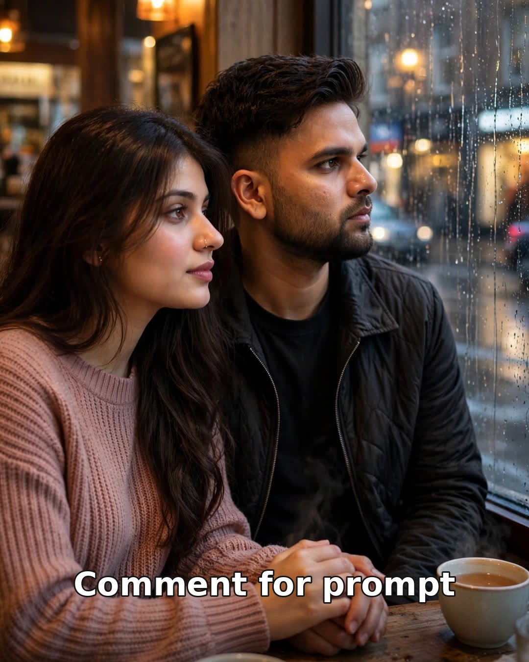 Sad AI couple photo sitting close at a rain-streaked cafe window at evening, holding hands over cooling cups of tea
