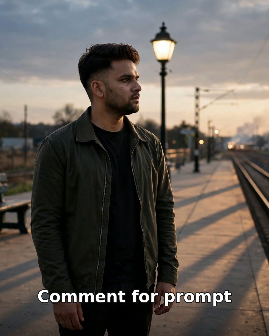 Sad AI solo photo of a young man alone on an empty railway platform at dusk, looking down the tracks
