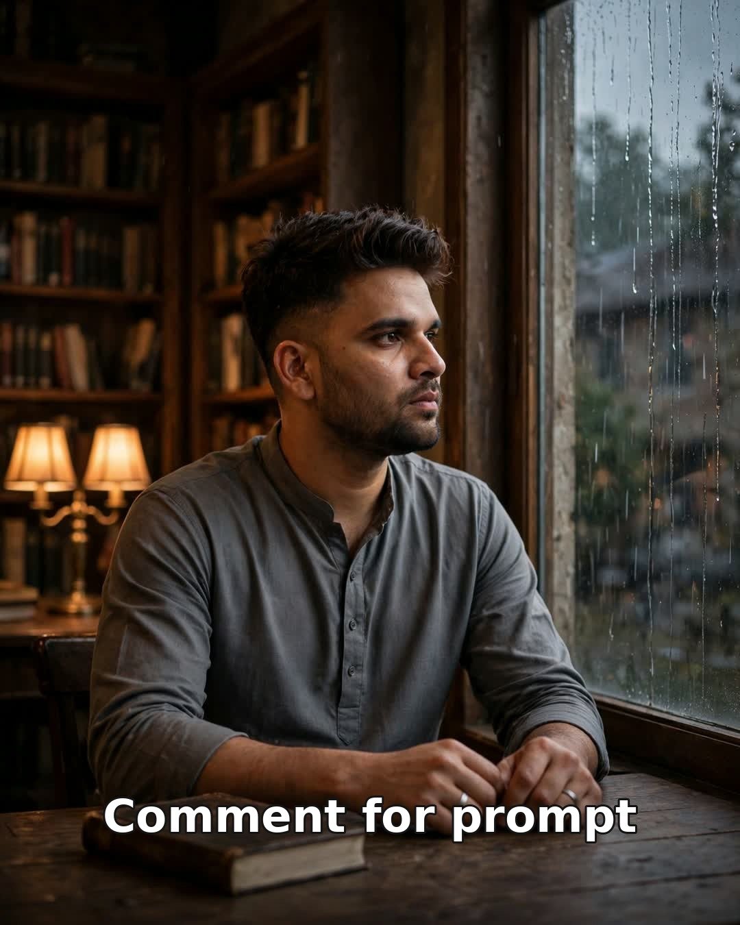 Sad AI photo of a young man alone in a library corner by a rain-streaked window, a closed book on the table