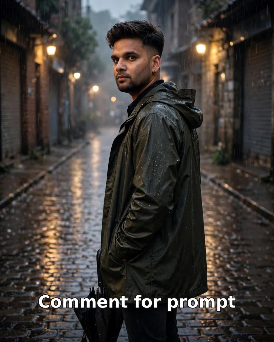 Sad AI solo photo of a young man in a raincoat looking back down an empty rain-soaked lane at dusk, umbrella in hand