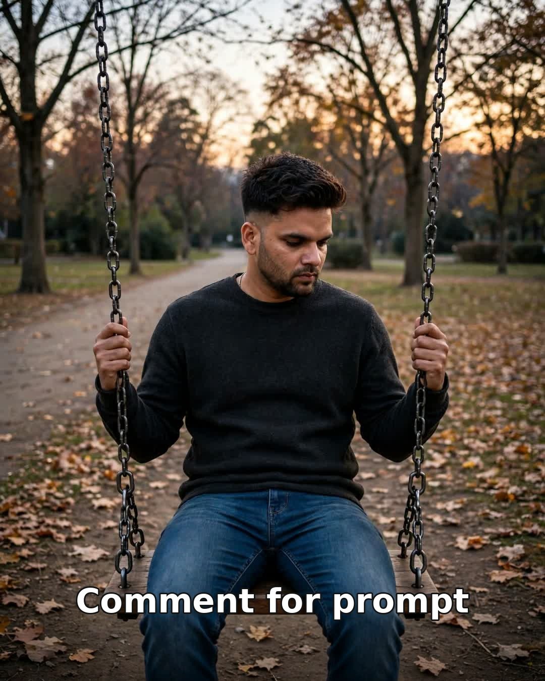 Sad AI photo of a young man alone on a park swing at dusk, fallen leaves scattered around the empty park path
