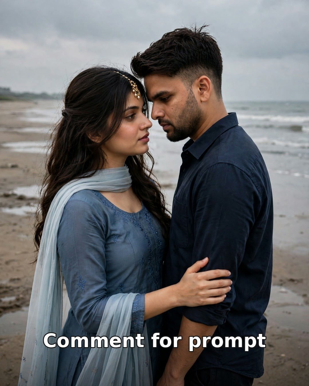 Sad AI couple photo on an empty monsoon beach at dusk, foreheads nearly touching in a quiet farewell