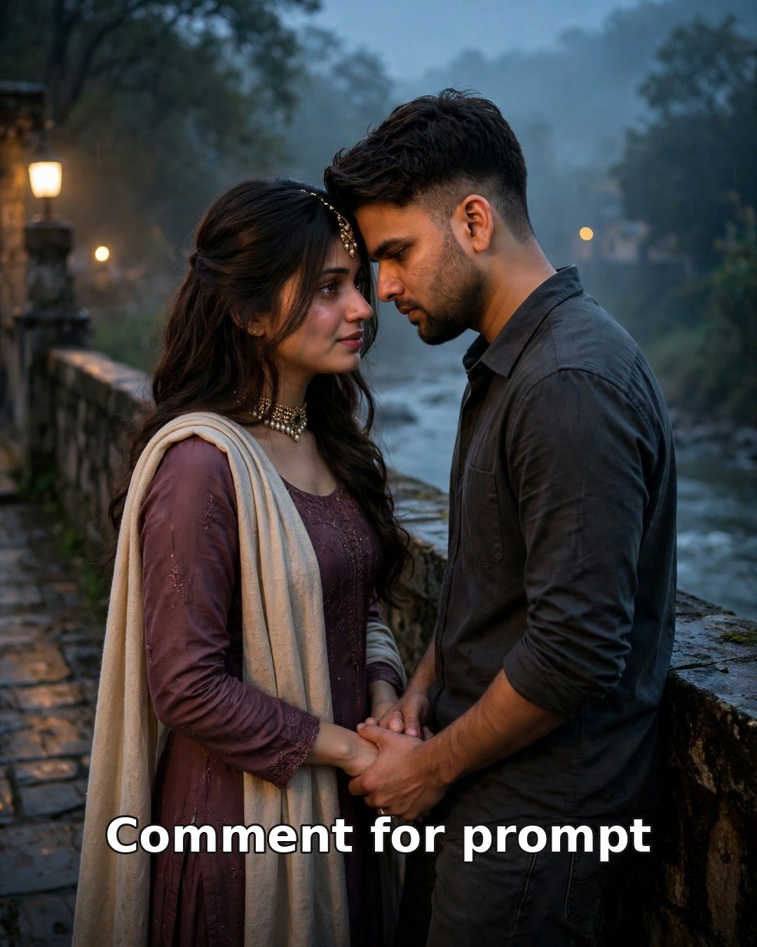 Sad AI couple photo on a misty stone bridge at dusk, foreheads almost touching in a tender farewell